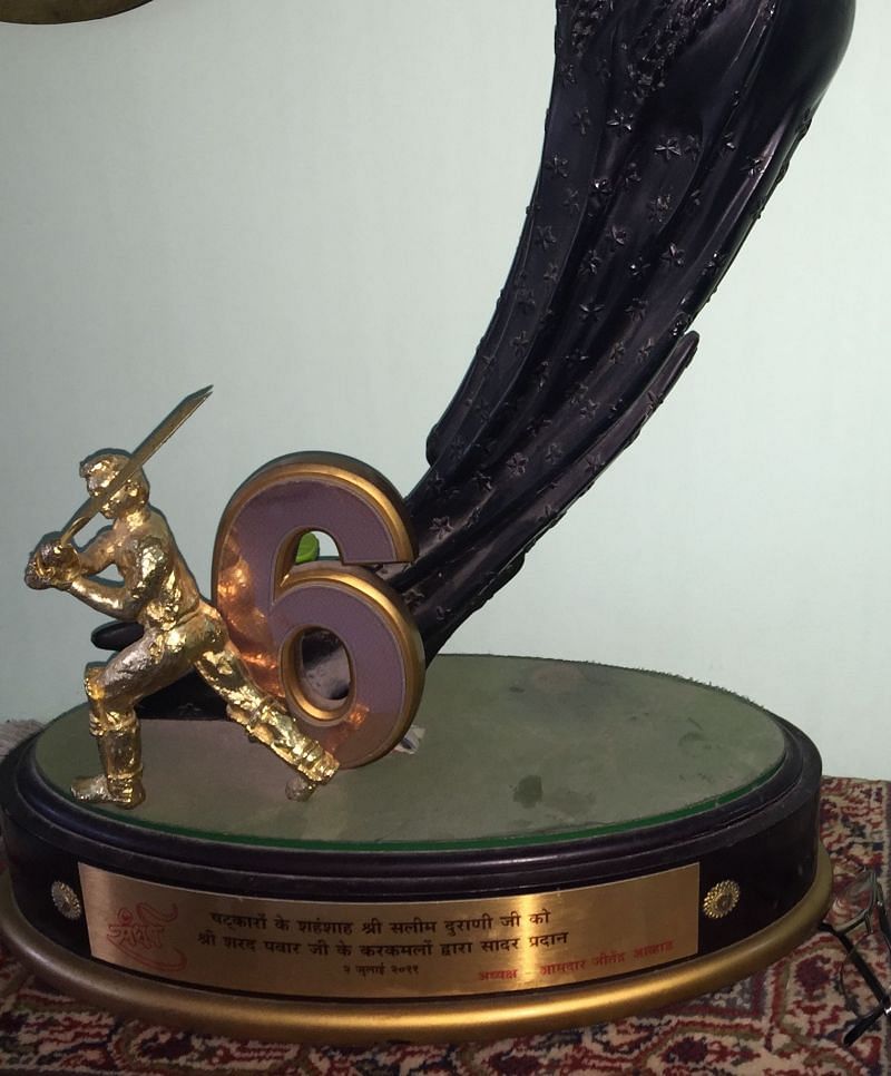 The trophy presented to Salim Durani for his six hitting capabilities