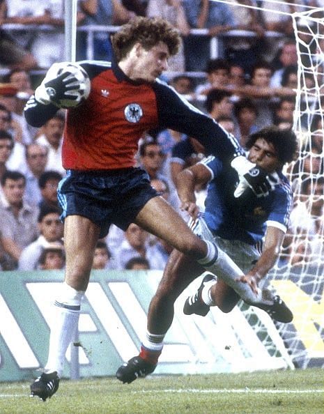 1982 FIFA World Cup in Spain Semi-final in Sevilla: Germany 8 - 7 France (after penalty shoot-out, 3 - 3 after extra time) - Scene of the match: Germany goalie Harald Schumacher hitting French player Patrick Battiston in his face -