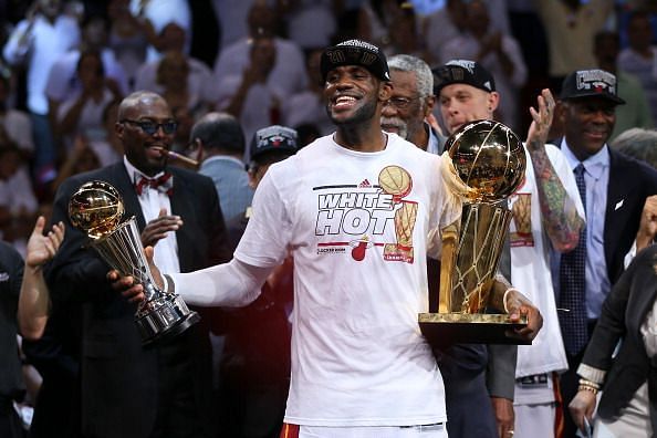 LeBron James with the trophies