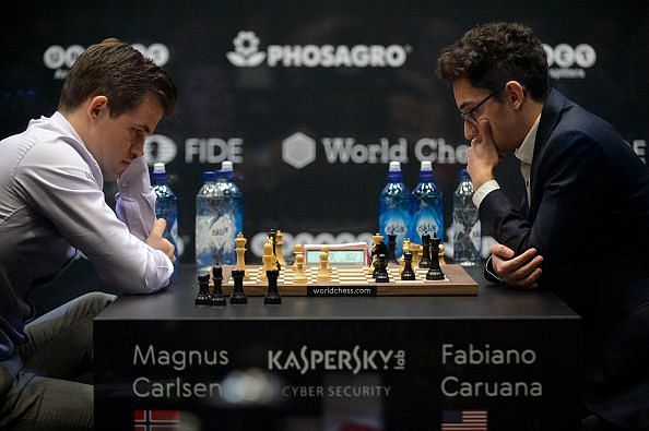 Carlsen (Left) and Caruana (Right) during one of the games of the World Chess Championship 2018