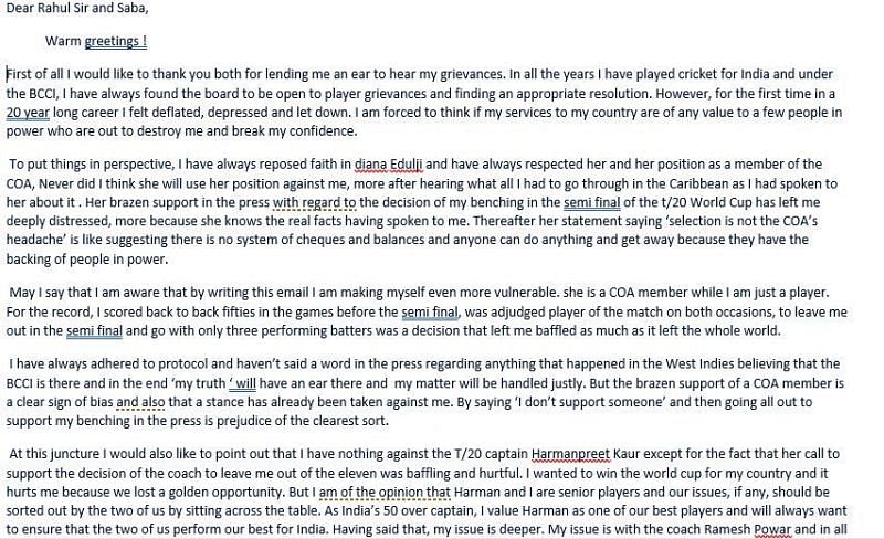 Mithali wrote a letter to BCCI