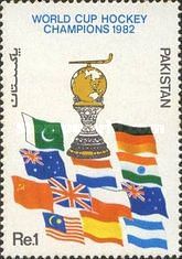 A STAMP ISSUED BY PAKISTAN ON BECOMING 1982 WORLD CUP HOCKEY CHAMPIONS.