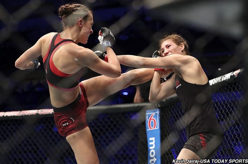Lucie Pudilova attempts a head kick during her last fight against Irene Aldana at UFC 228!