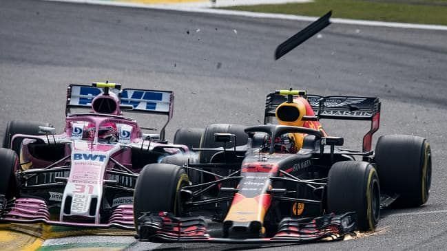 Esteban Ocon and Max Verstappen collide at Interlagos