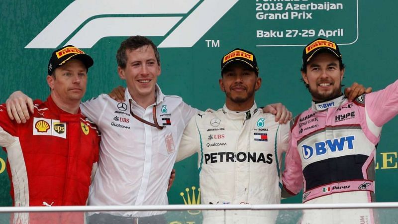 The Baku podium with Hamilton, Raikkonen and Perez as top 3