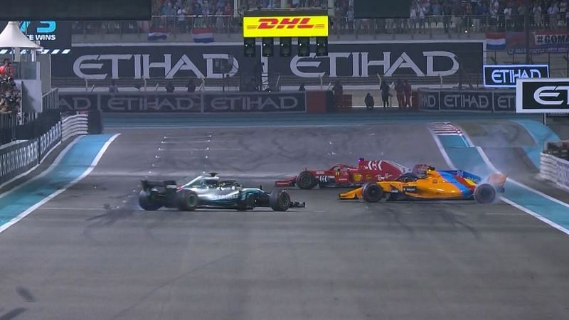 Lewis Hamilton, Fernando Alonso and Sebastian Vettel perform donuts at Abu Dhabi
