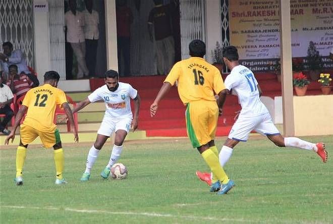 Action from the Kerala vs Telangana (in yellow) Santosh Trophy South Zone Qualifying Round match