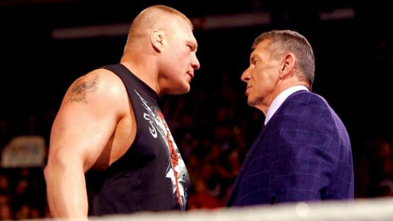 Brock Lesnar and Vince McMahon during a segment on RAW