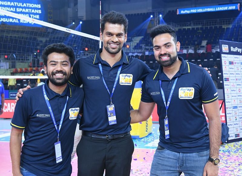 Vedant Shinde, Chirag Manjunath and Avnish Sistla at the Nehru Indoor Stadium in Chennai at the Inaugural RuPay Pro Volleyball League