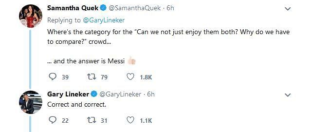 Gary Lineker says Britain&#039;s Women&#039;s Hockey player Samantha Quek is correct in calling Messi the best betwwen him and Ronaldo