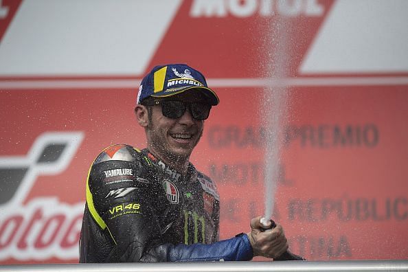 Valentino Rossi celebrates his second-place finish at the MotoGP of Argentina