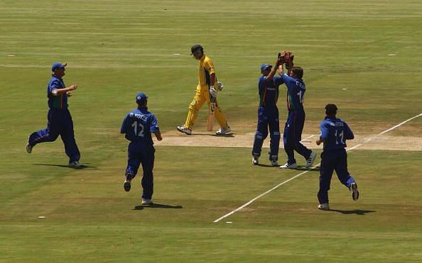 Namibia celebrate taking the wicket of Ricky Ponting...