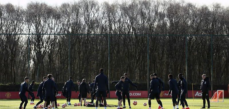 The Manchester United squad training at Carrington