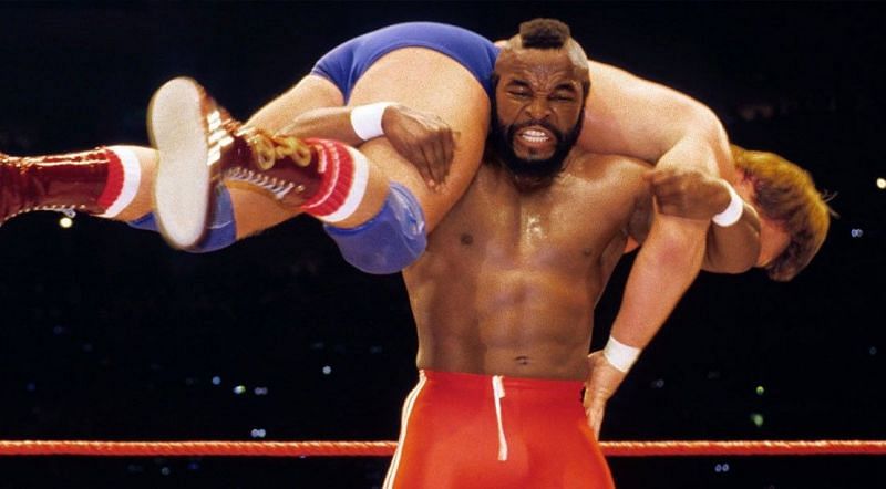 Mr. T hoists Roddy Piper on his shoulders at Wrestlemania.