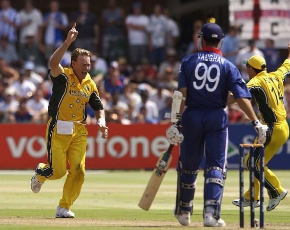 Andy Bichel of Australia celebrates the wicket of Michael Vaughan of England