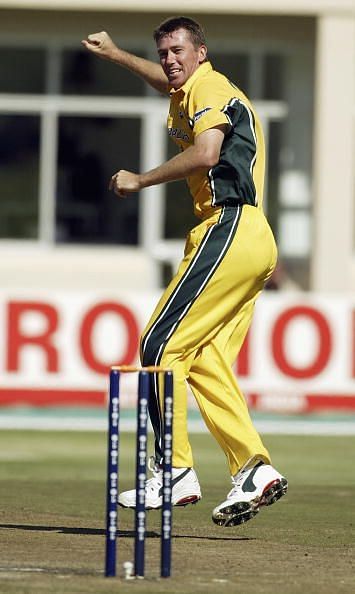Glenn McGrath of Australia celebrates the wicket of Scott Styris of New Zealand
