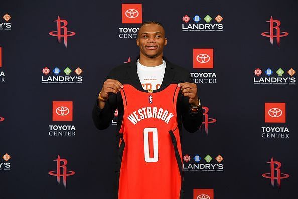 Russell Westbrook showing off his new Houston Rockets threads