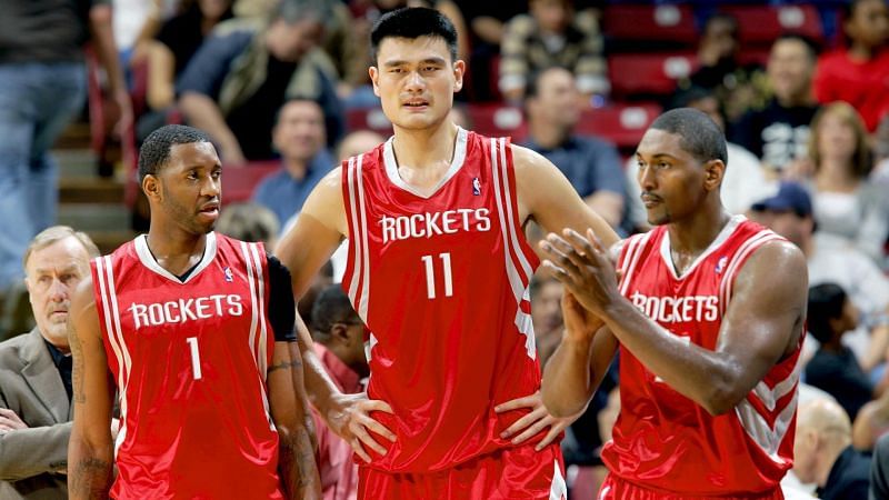 Tracy McGrady, Yao Ming, and Ron Artest leading the Houston Rockets