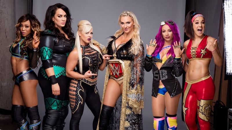 The 2016 Raw women&#039;s Survivor Series Team--Alicia Fox, Nia Jax, Bayley, Dana Brooke, Charlotte, and Sasha Banks.