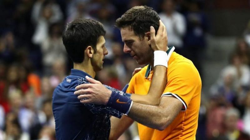 Djokovic (left) downed Del Potro from match points down in the 2019 Rome semifinals.