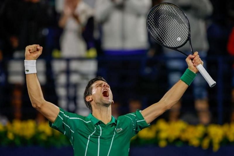 Novak Djokovic exults at the 2020 Dubai Open
