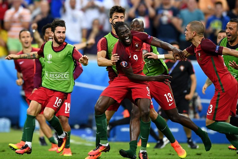 Eder rejoices after scoring the only goal of the Euro 2016 final against France in Paris.