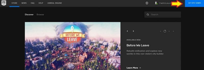 The &#039;Get Epic Games&#039; icon is available on the upper right corner, as highlighted in the image.