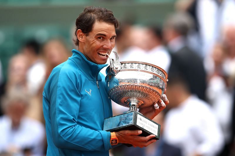 Rafael Nadal with the 2018 French Open trophy