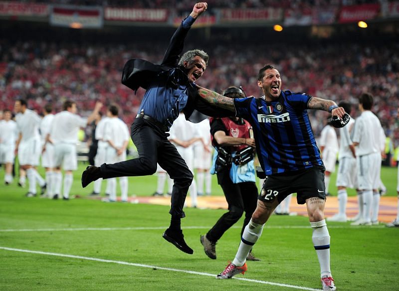 Jose Mourinho and Marco Materazzi celebrate after winning the Champions League