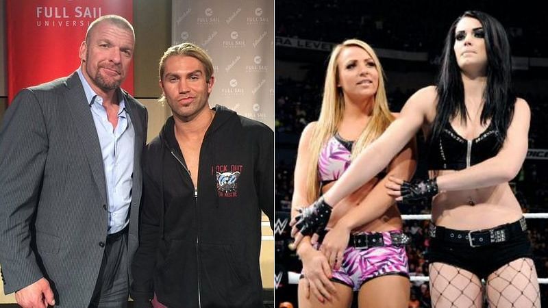 Triple H and Tyler Breeze (left); Emma and Paige (right)
