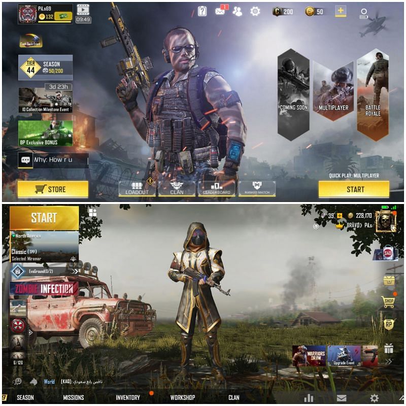 PUBG Mobile (top) and COD Mobile UIs (Image Credits: Reddit )