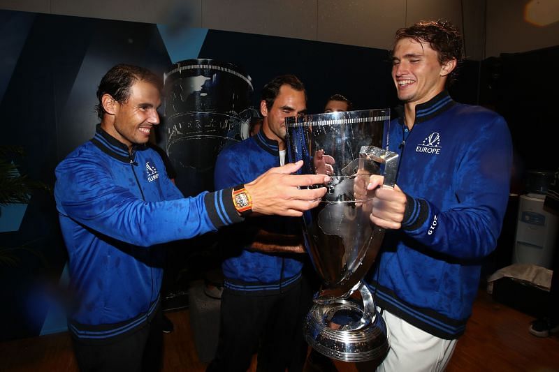 Rafael Nadal, Roger Federer and Alexander Zverev during last year&#039;s Laver Cup