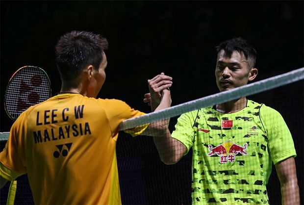 Lee Chong Wei (left) and Lin Dan after their 2015 China Open semifinal clash