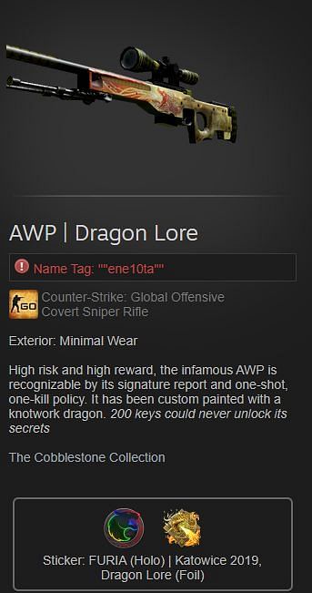 Neymar&#039;s version of the AWP - Dragon Lore with custom stickers as visible on Steam