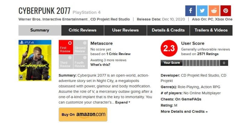 Cyberpunk 77 On Ps4 Fans Bomb Review Scores Due To Performance Issues