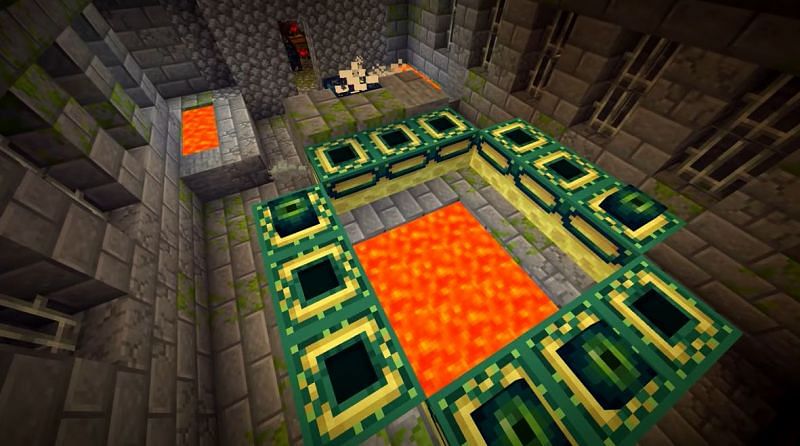 A Dungeon with a mob spawner can be found right next to the End Portal in this Minecraft seed (Image via Minecraft &amp; Chill/YouTube)