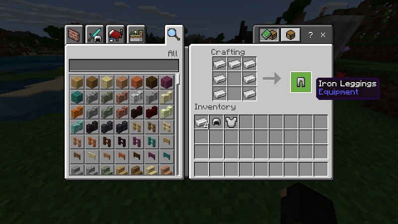 Leggings can be made by placing two columns of three iron ingots on the left and right and another ingot in the top middle slot