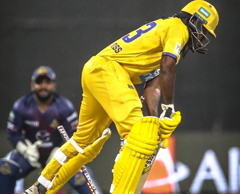 Deccan Gladiators&#039; pacer Imtiaz Ahmed bowled Chris Gayle for 4. Pic: T10 League/ Twitter