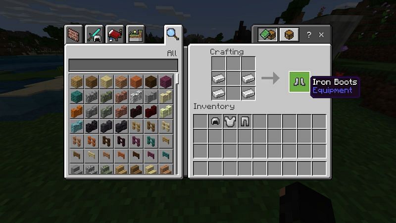 make boots by placing four iron ingots in pairs with space between them