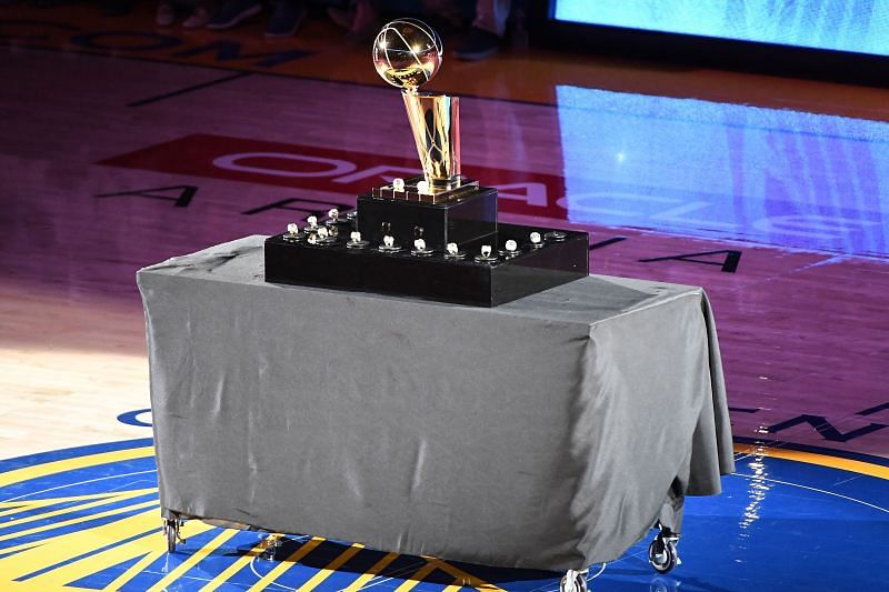 A view of the Golden State Warriors 2017-2018 Championship rings and the Larry O&#039;Brien NBA Championship Trophy.