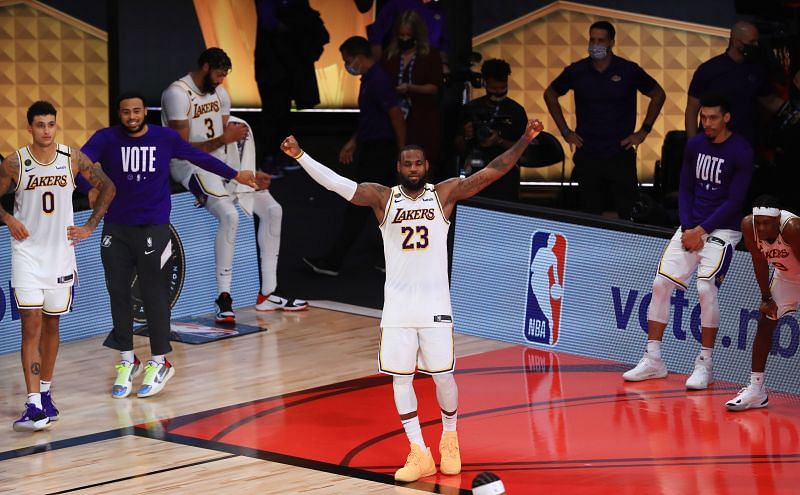 LeBron James #23 of the Los Angeles Lakers reacts after winning the 2020 NBA Championship.