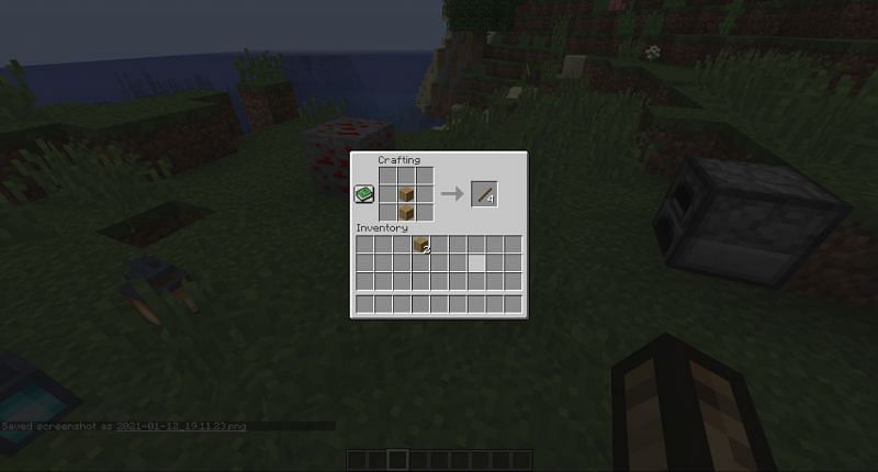 Step 3 for making a wooden bow in Minecraft