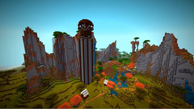 Minecraft seed with an incredibly tall Pillager Outpost inside of a village. (Image via Minecraft &amp; Chill/YouTube)