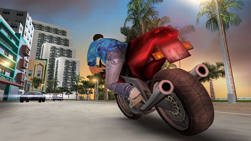GTA Vice City players riding on a motorcycle cannot perform a wheelie when driving north (Image via USgamer)