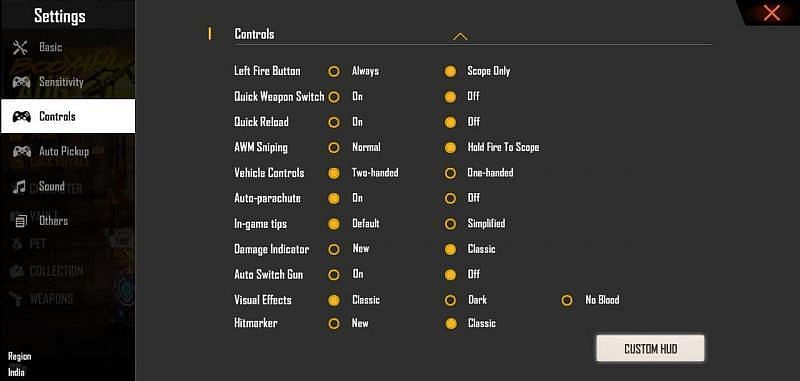 Controls and settings in Free Fire