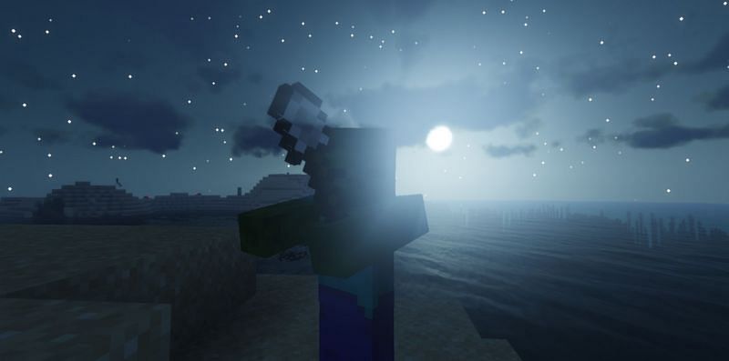 Shown: A rabid Zombie chasing the player with a shovel during a full moon (Image via Minecraft)