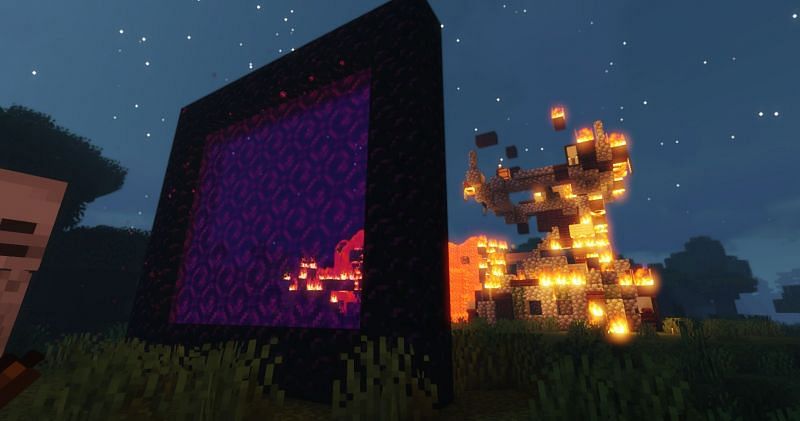 Shown: A giant Nether Portal. Ignore the carnage in the background... (Image via Minecraft)