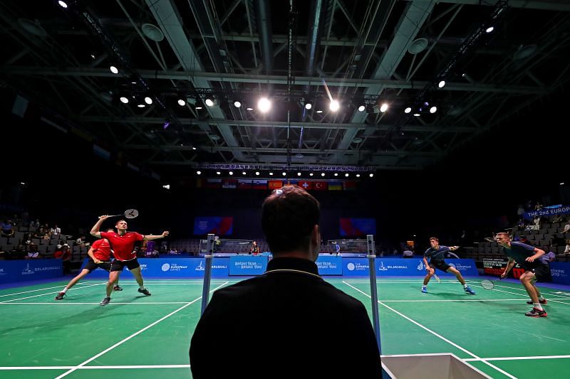 Badminton doubles match continues