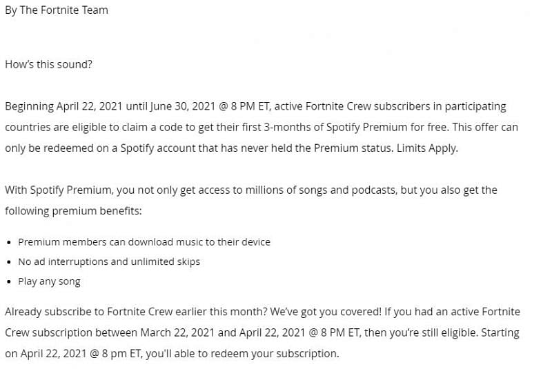 First three months of Spotify Premium available for Fortnite Crew Subscribers (Image via Epic Games)