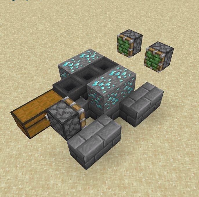 From there you will set up two slime pistons that will not only be floating, but will be one block away from the diamond ore.
